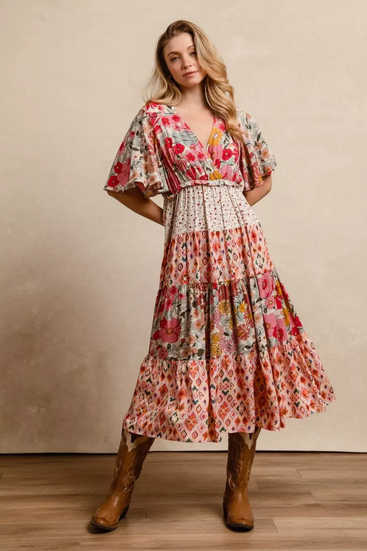 BiBi Floral Print Mix and Match Midi Dress