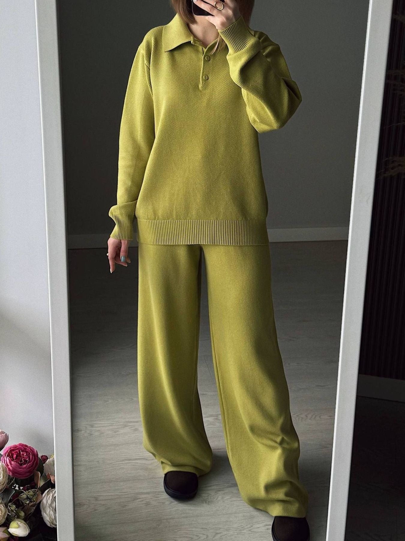 Polo Collar Top and Pants or Skirt Knit Set