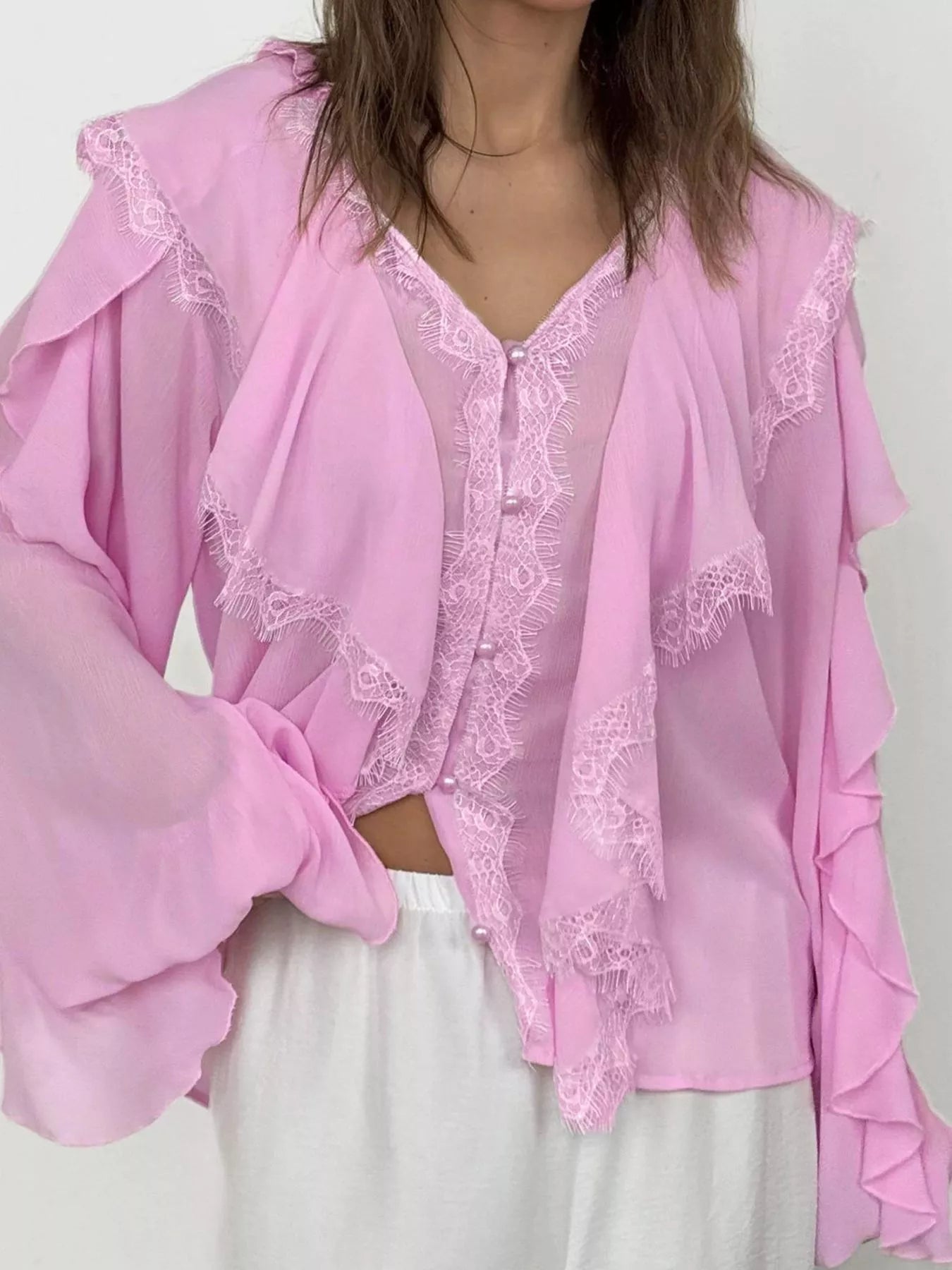 V-Neck Ruffled Lace Trim Blouse