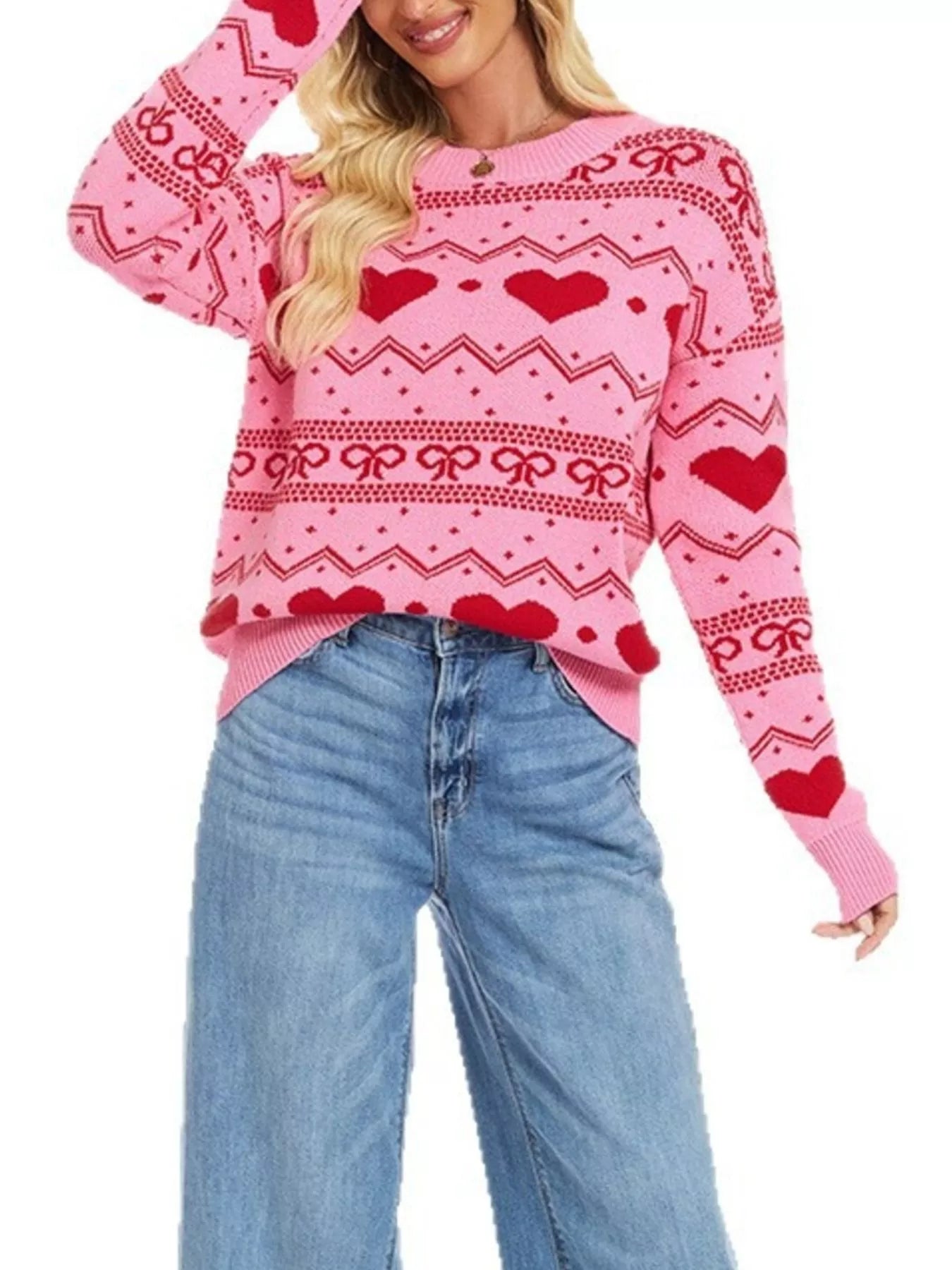 Heart Pattern Dropped Shoulder Sweater