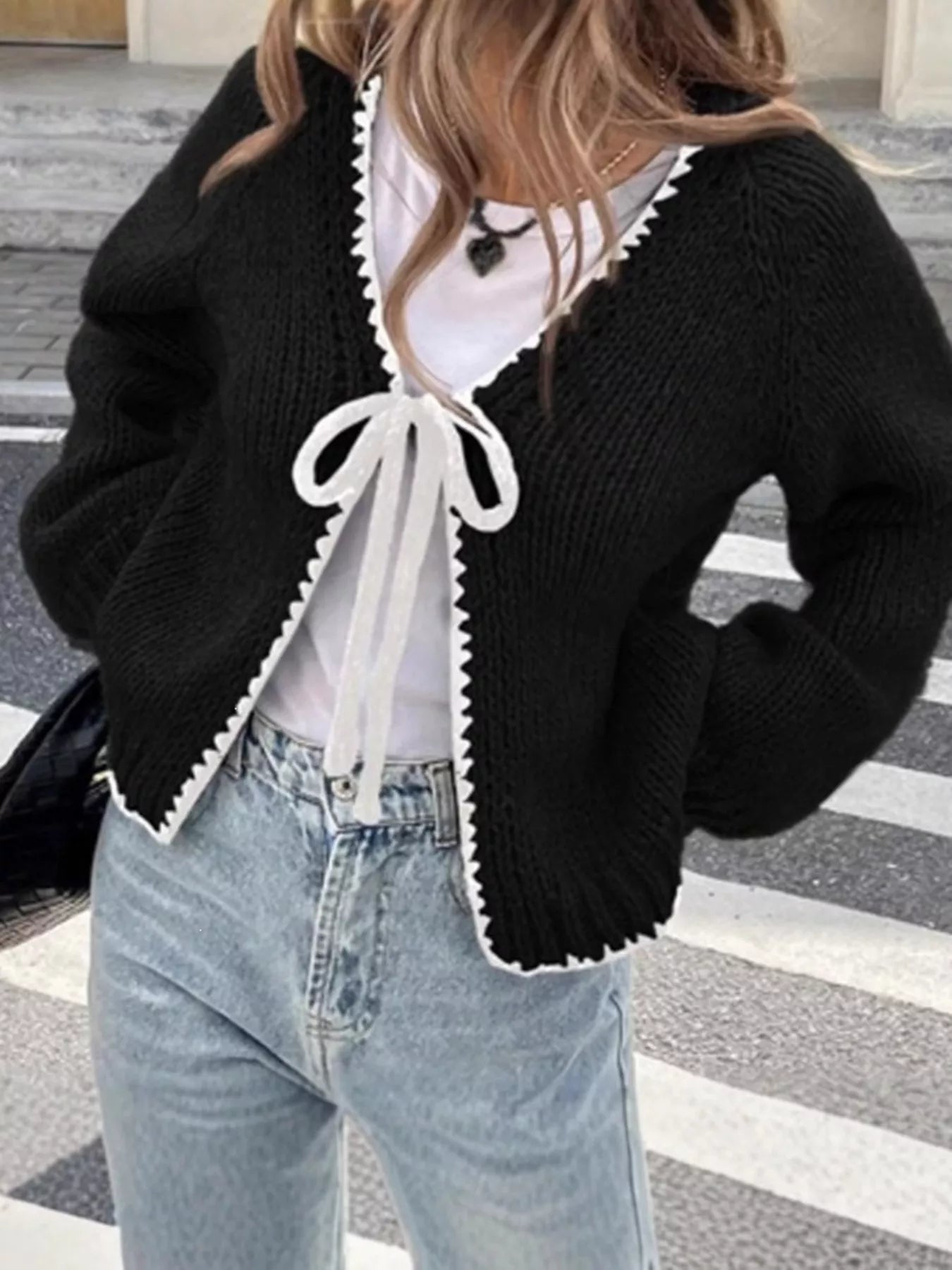 Full Size Chic Tie-Front Contrast-Trim Cardigan Plus Size