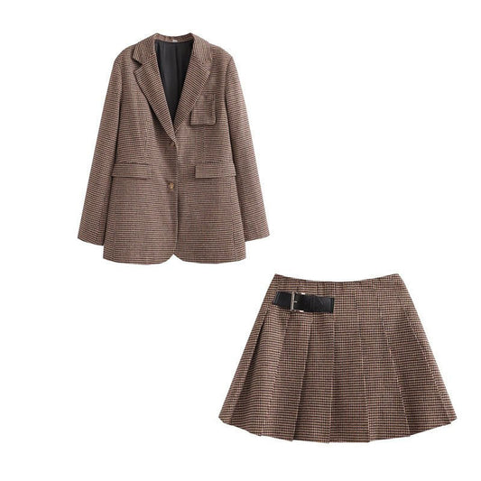 Houndstooth Suit Jacket Leather Ring Decorative Culottes Suit