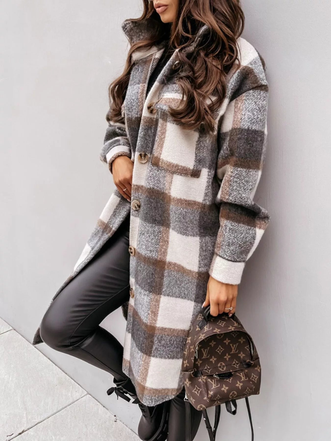 Longline Plaid Button Up Coat
