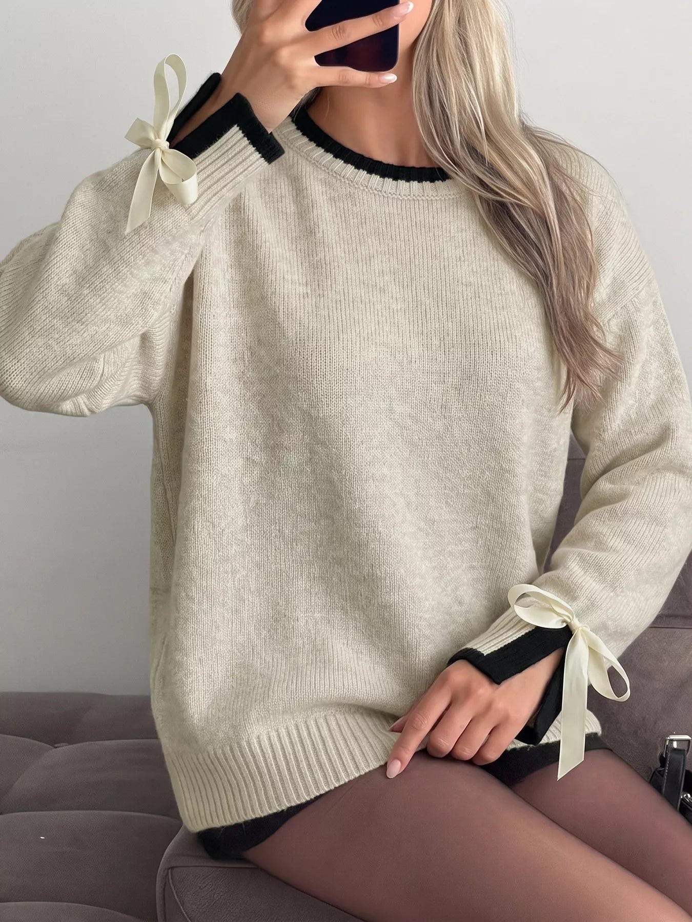 Contrast Trim Ribbed Cuff Tie-Sleeve Sweater