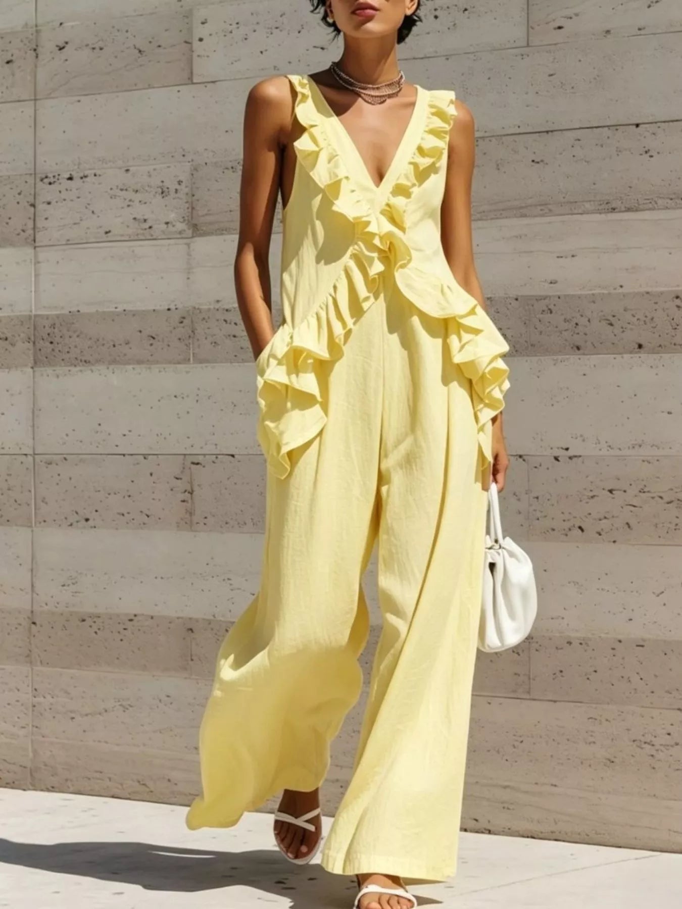 Ruffled V-Neck Sleeveless Jumpsuit
