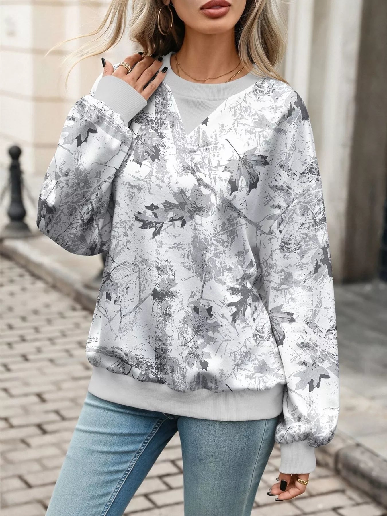Leaf Print Sweatshirt with Contrasting Trim