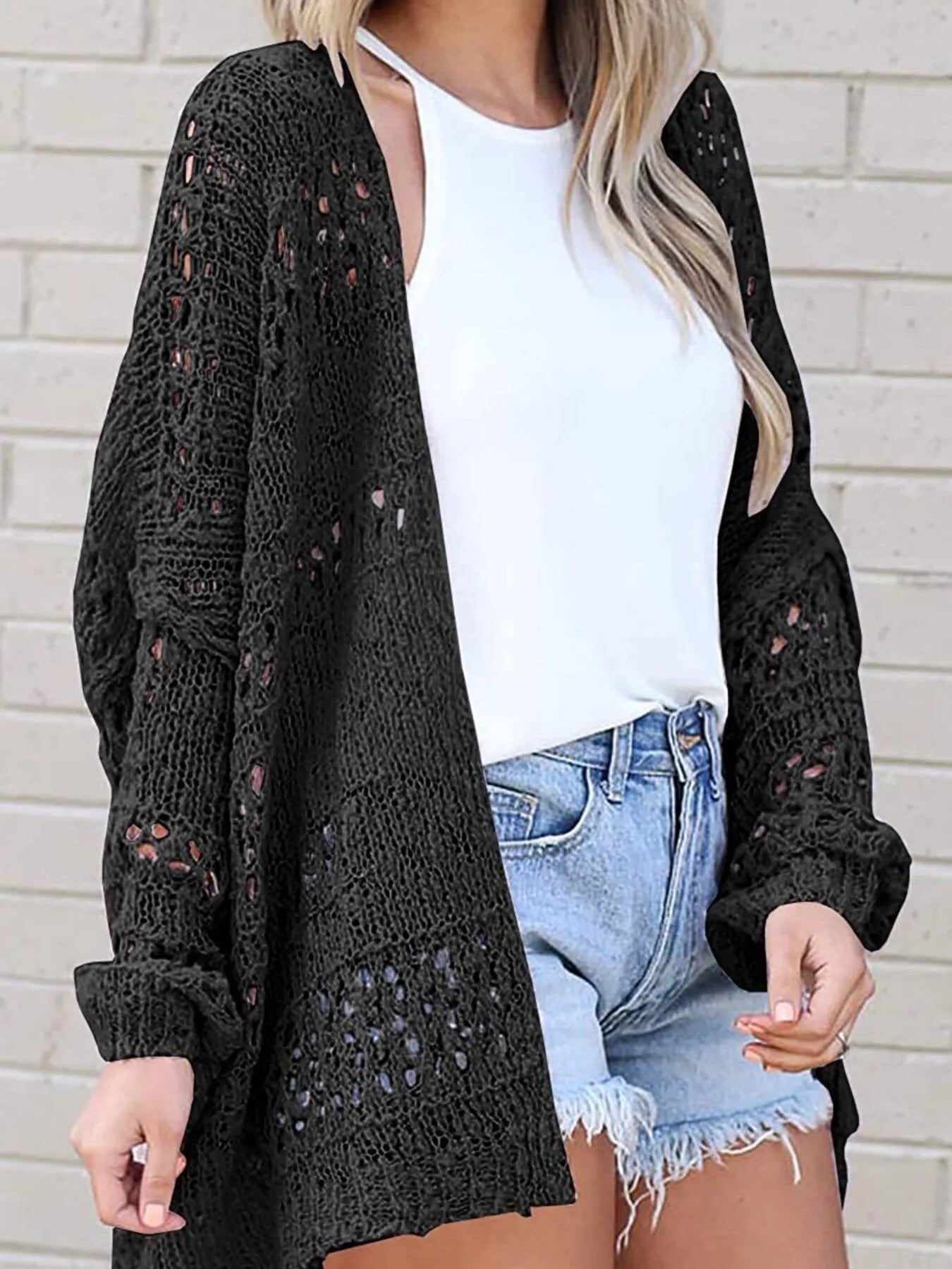 Full Size Openwork Open Front Lightweight Cardigan Plus Size