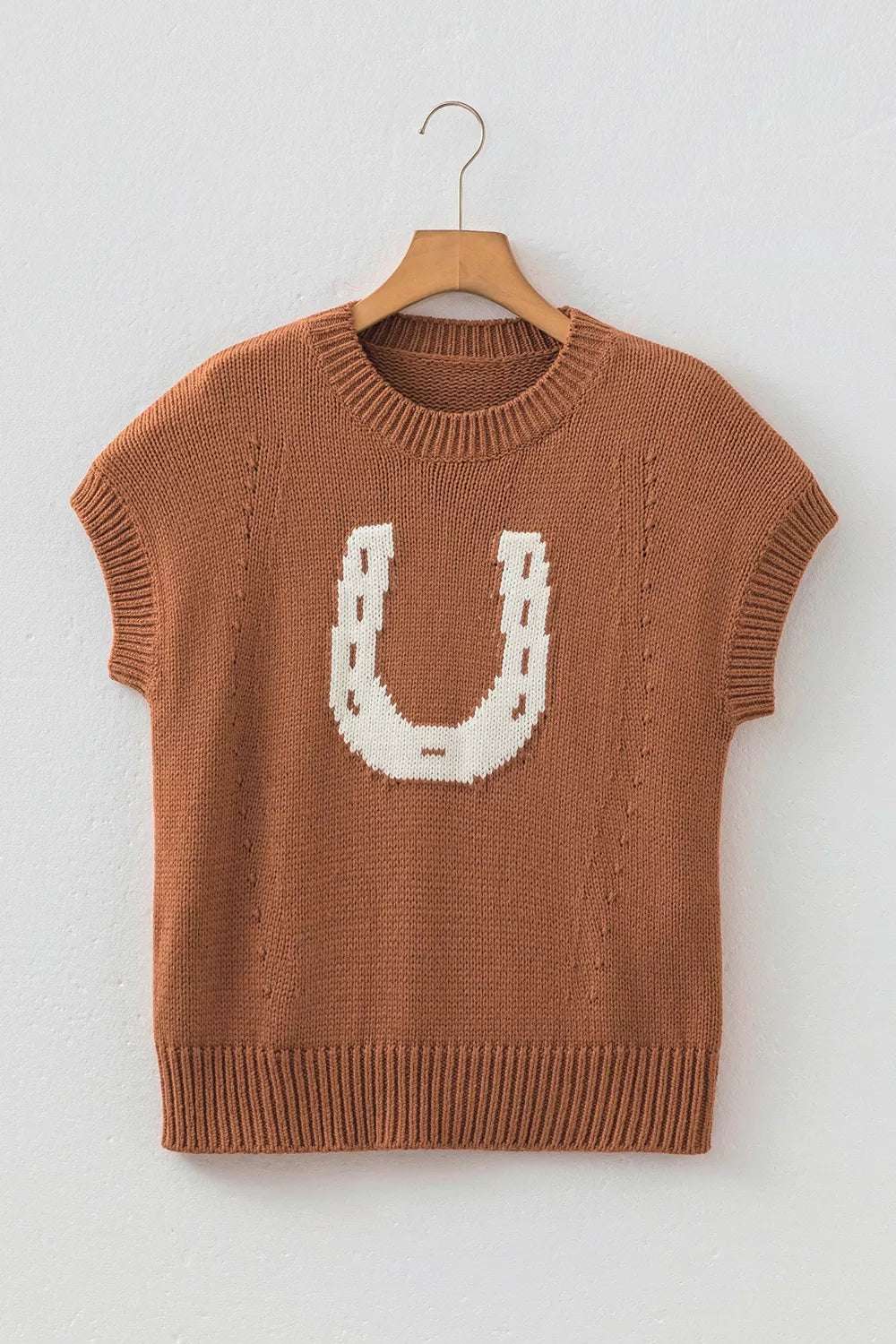 Western Horseshoe Pattern Short Sleeve Knit Sweater