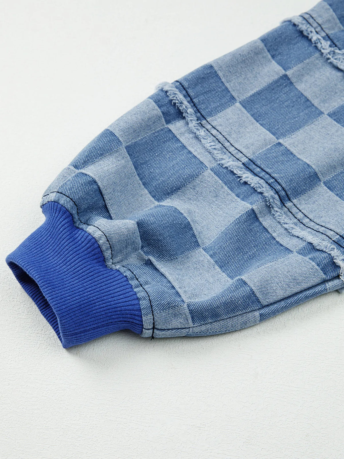 Checkerboard Splicing Raw Detail Oversized Denim Top