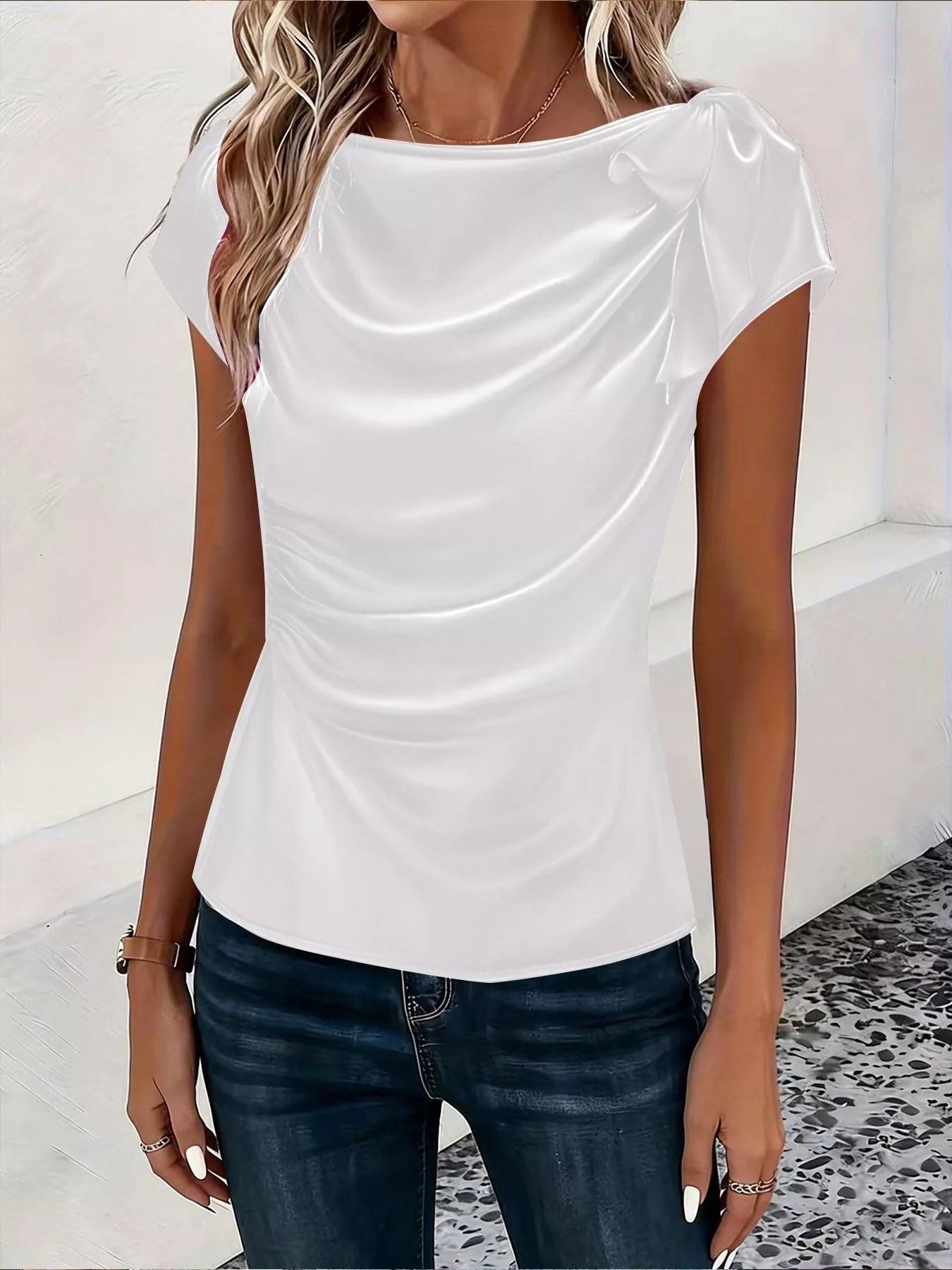 Ruched Short Sleeve Satin Top