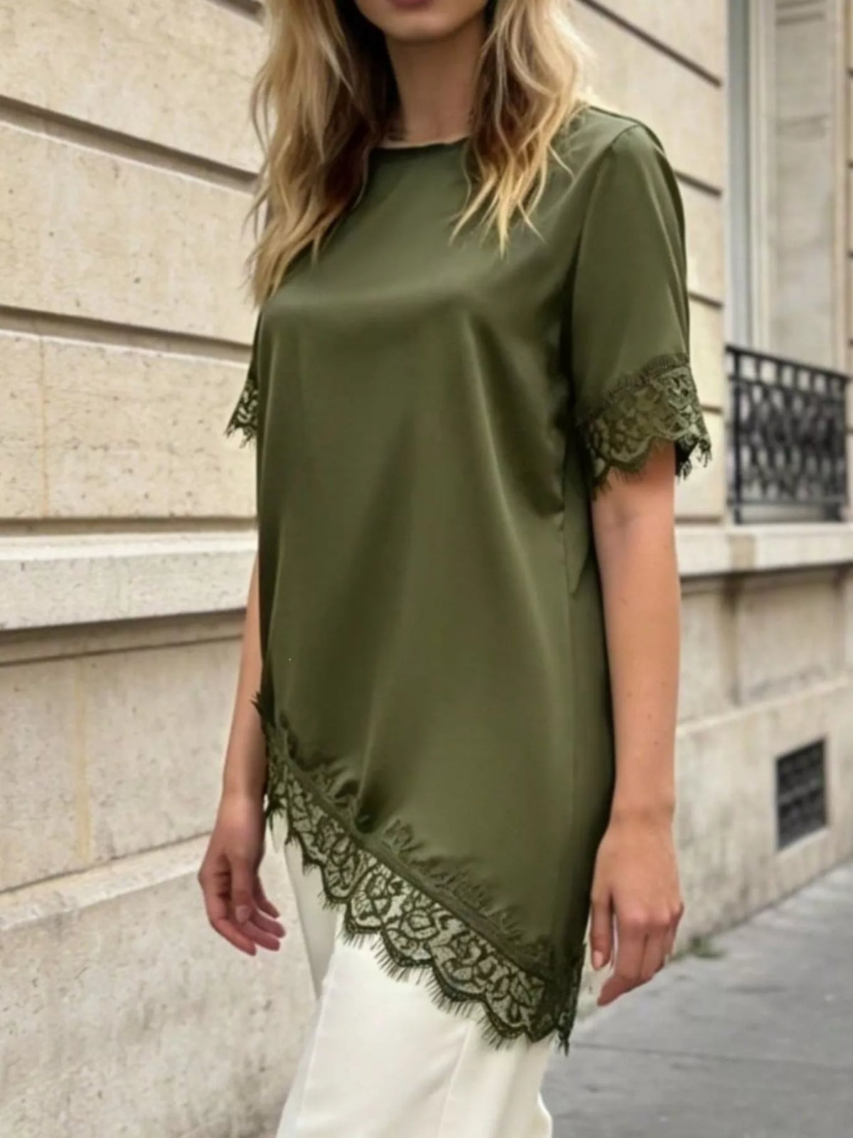 Lace Trim Short Sleeve Satin Top