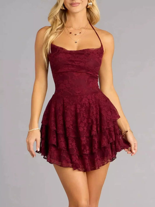 Lace Ruffle Halter Neck Mini Dress
