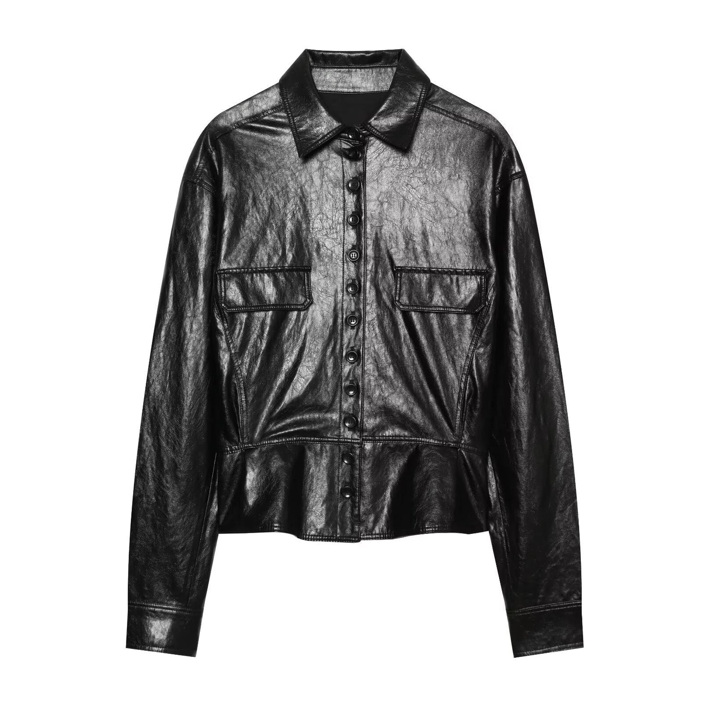 Crinkle Faux Leather Shirt Jacket with Peplum Hem