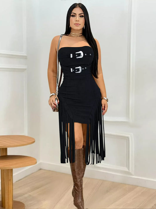 Buckle Detail Fringe Hem Bodycon Dress