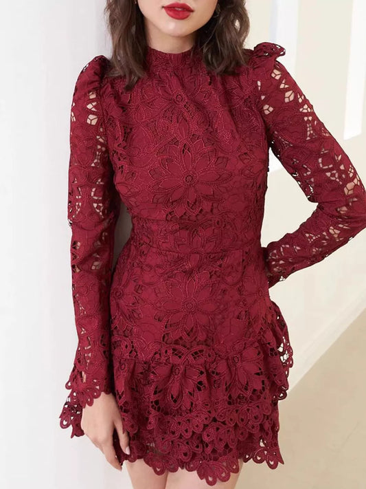Lace Mock Neck Long Sleeve Mini Dress