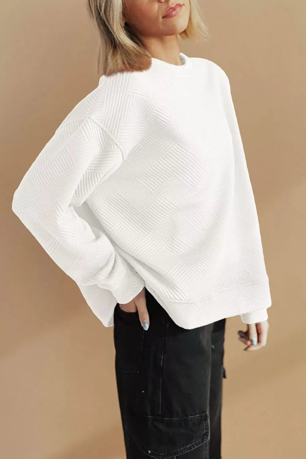 Solid Color Textured Round Neck Drop Shoulder Pullover Sweatshirt