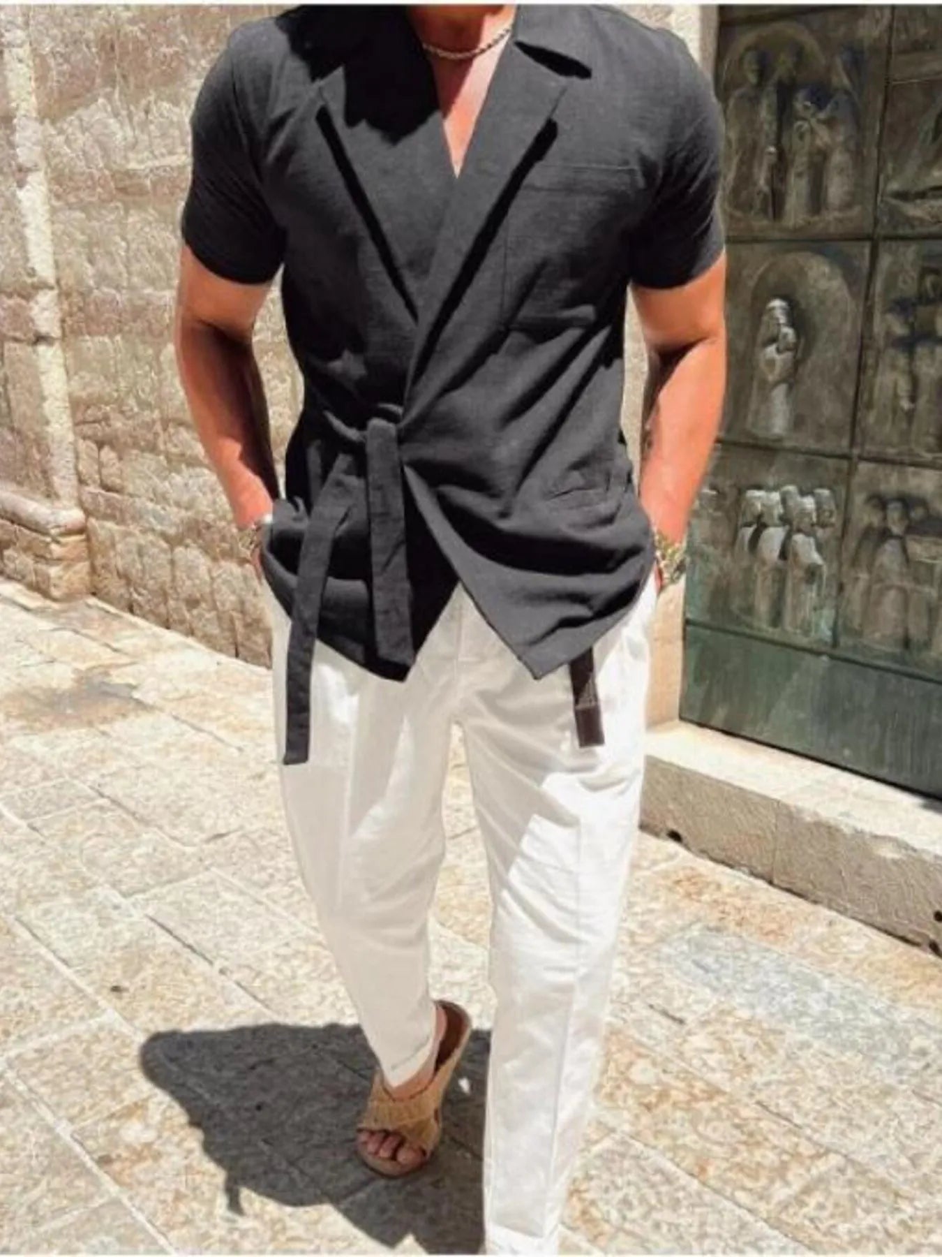 Men's Plus Size Tied Lightweight Linen Wrap Top