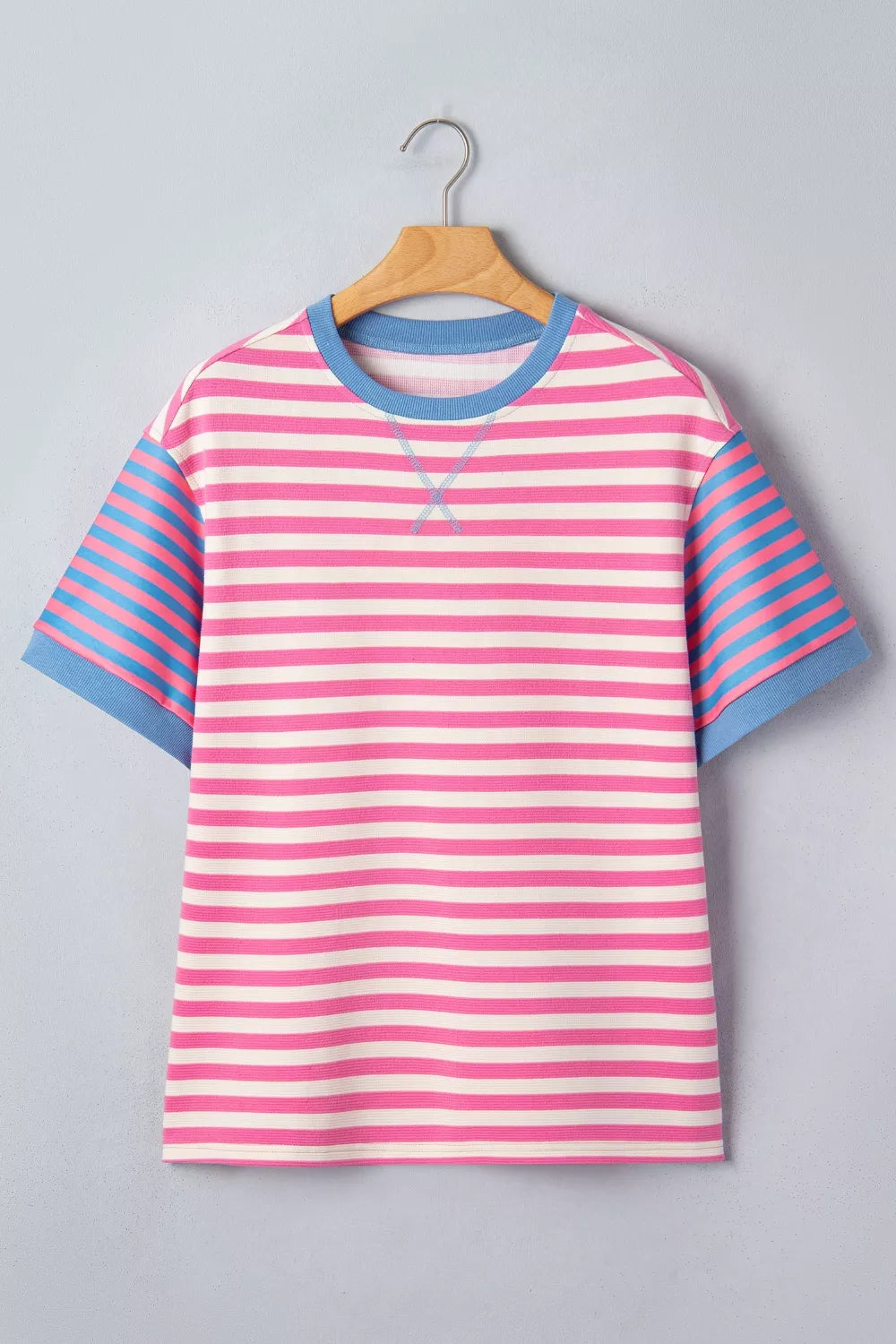 Stripe Contrast Patchwork Short Sleeve Loose Tee