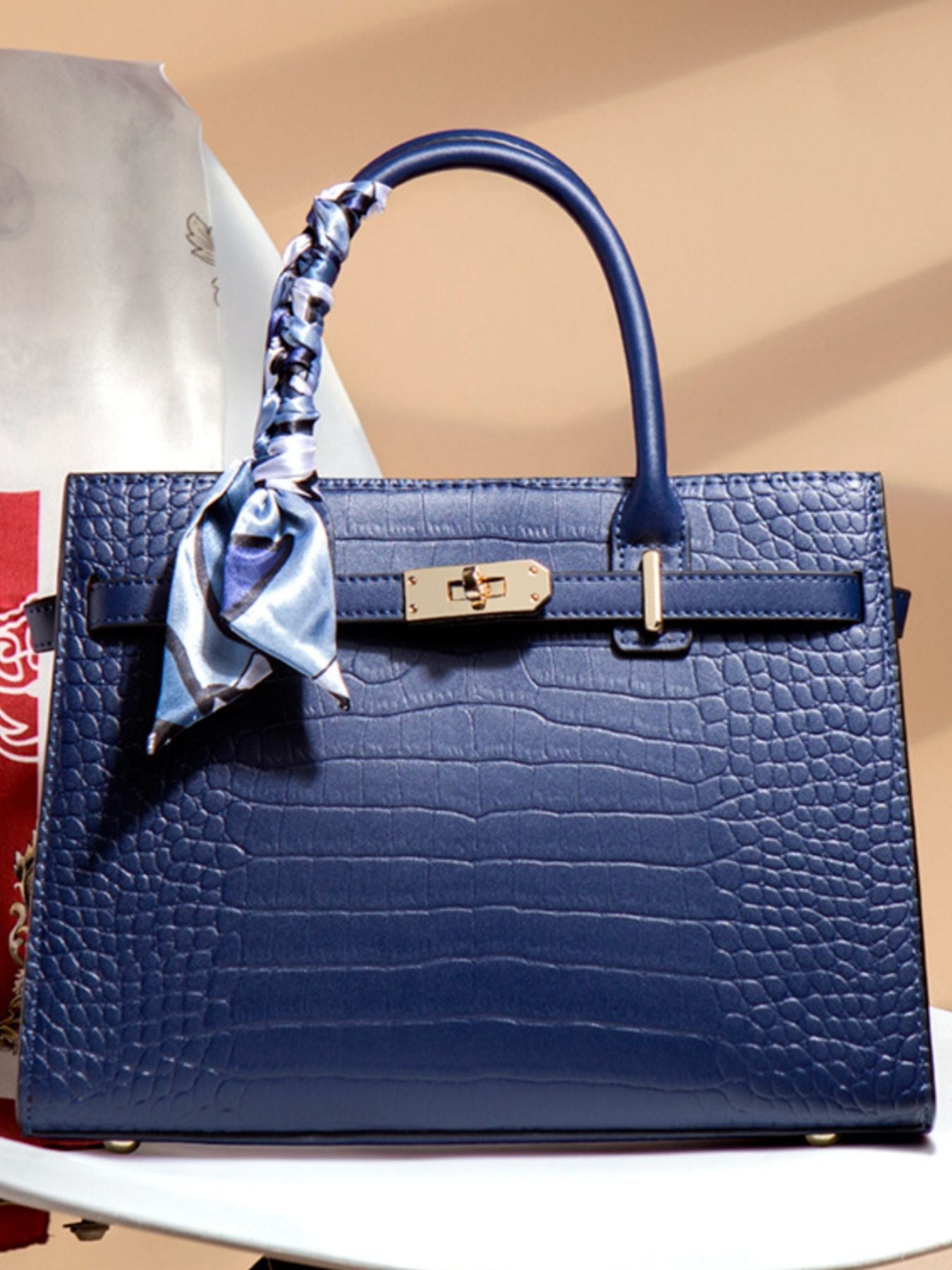 Crocodile Embossed Leather Top Handle Handbag