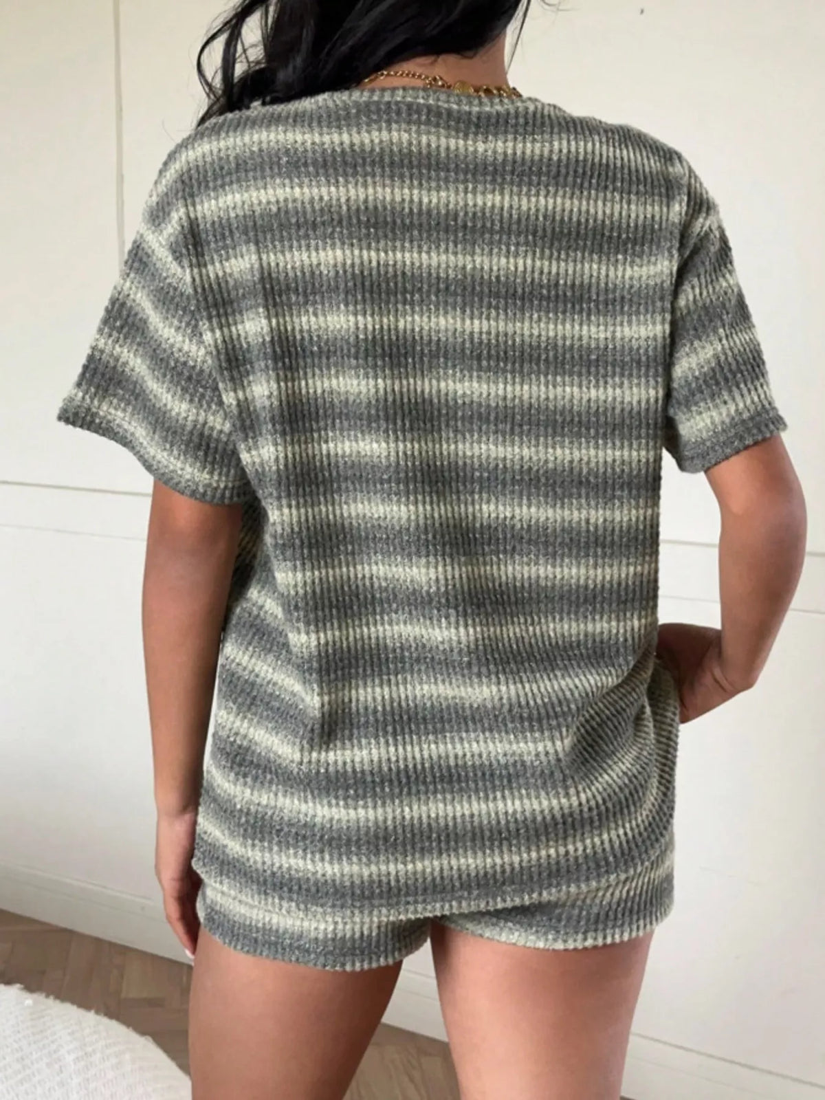Striped Textured Knit Top and Shorts Set