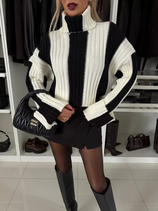 Color Block Ribbed Turtleneck Sweater