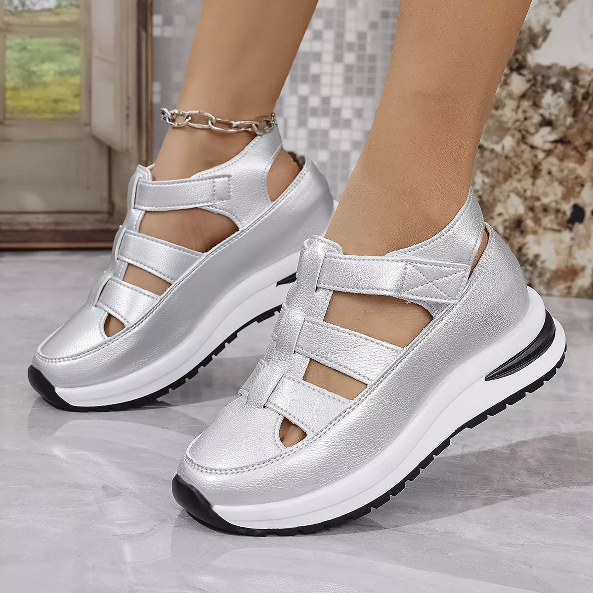Cutout Wedge Velcro Sandals