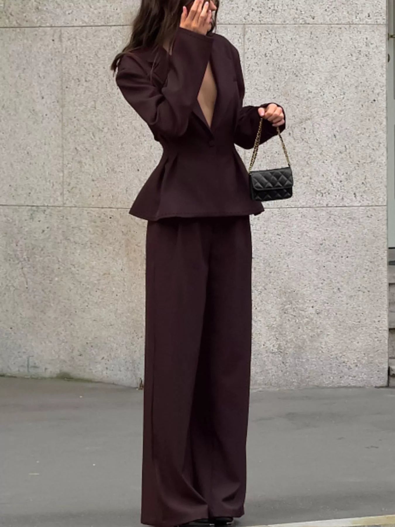 One-Button Blazer and Wide-Leg Pants Set