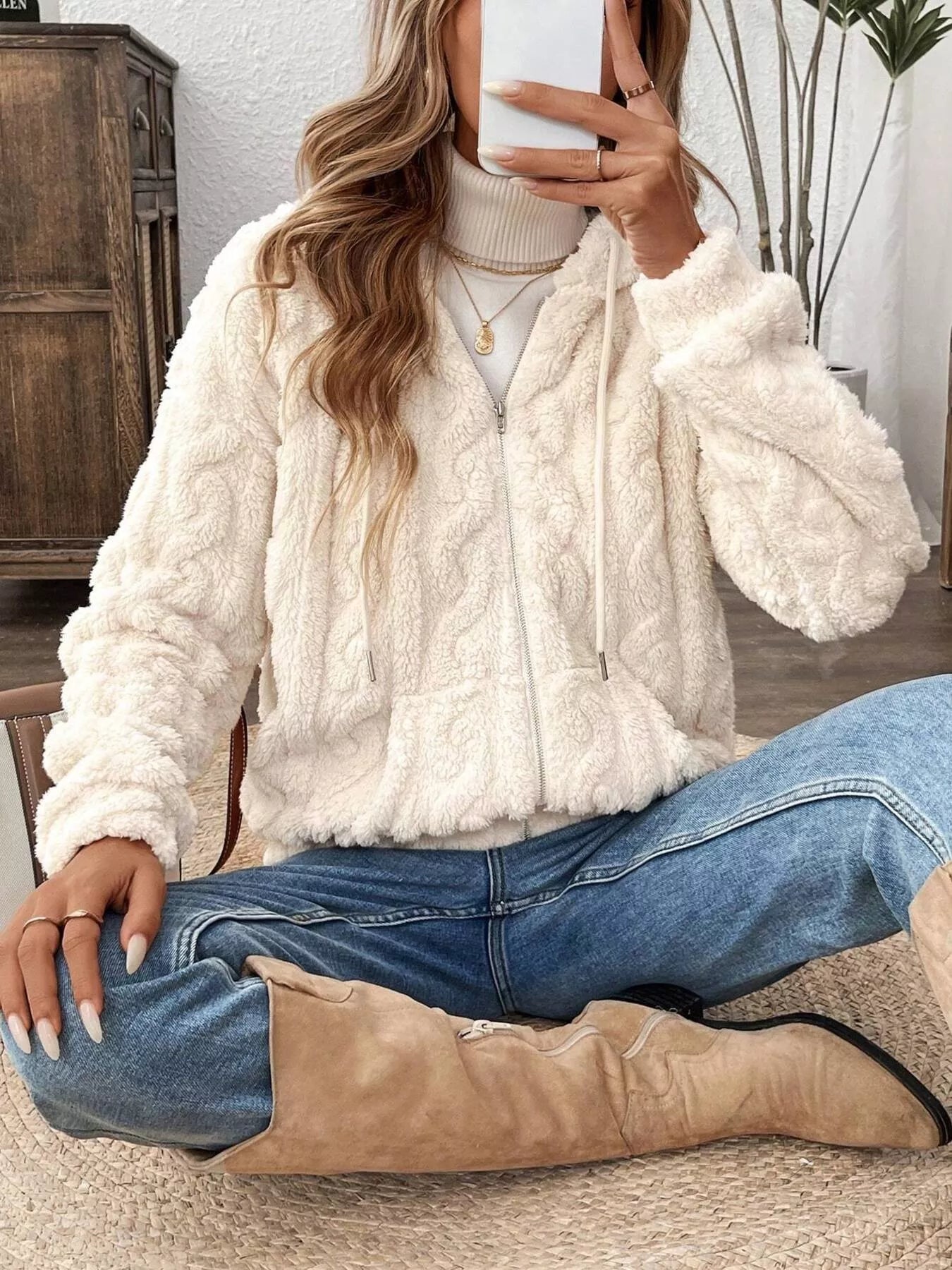 Drawstring Zip-Up Fleece Hooded Outerwear