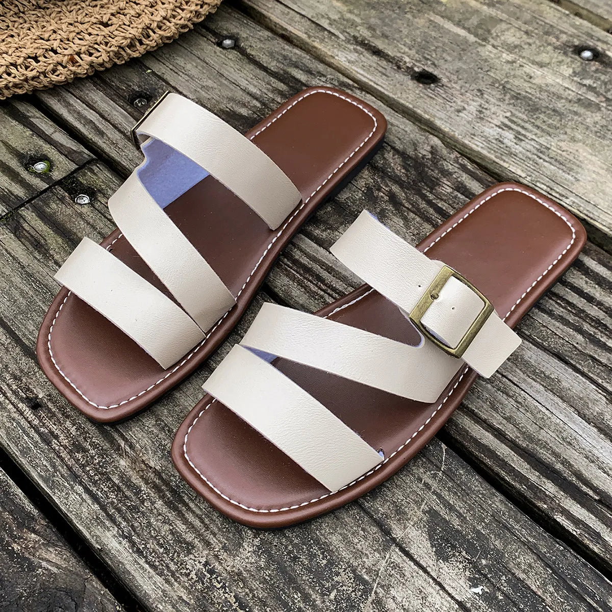 Open Toe Buckle Flat Sandals