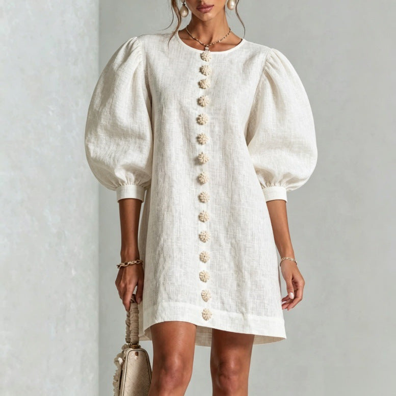Puff Sleeve Mini Dress | Button-Front A-Line | Lantern Sleeve Resort Dress