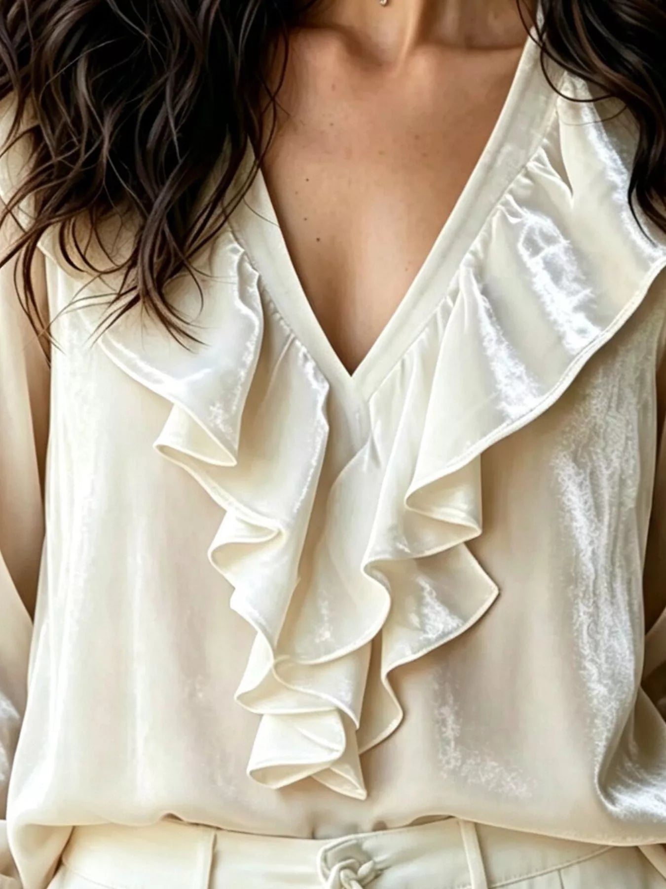 Ruffled V-Neck Long Sleeve Blouse