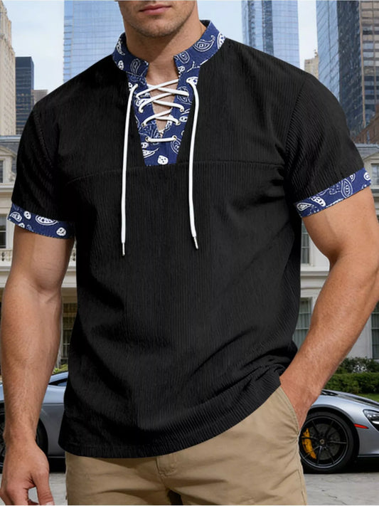 Men's Full Size Lace-Up Collar T-Shirt Plus Size