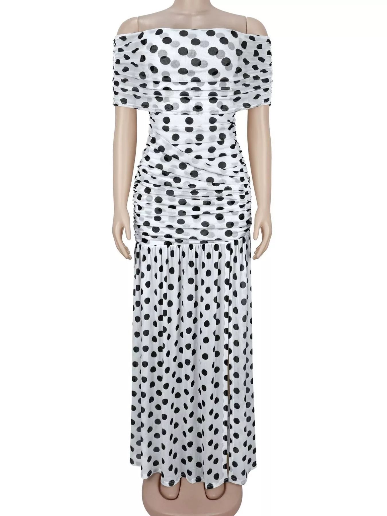 Polka Dot Off Shoulder Slit Maxi Dress