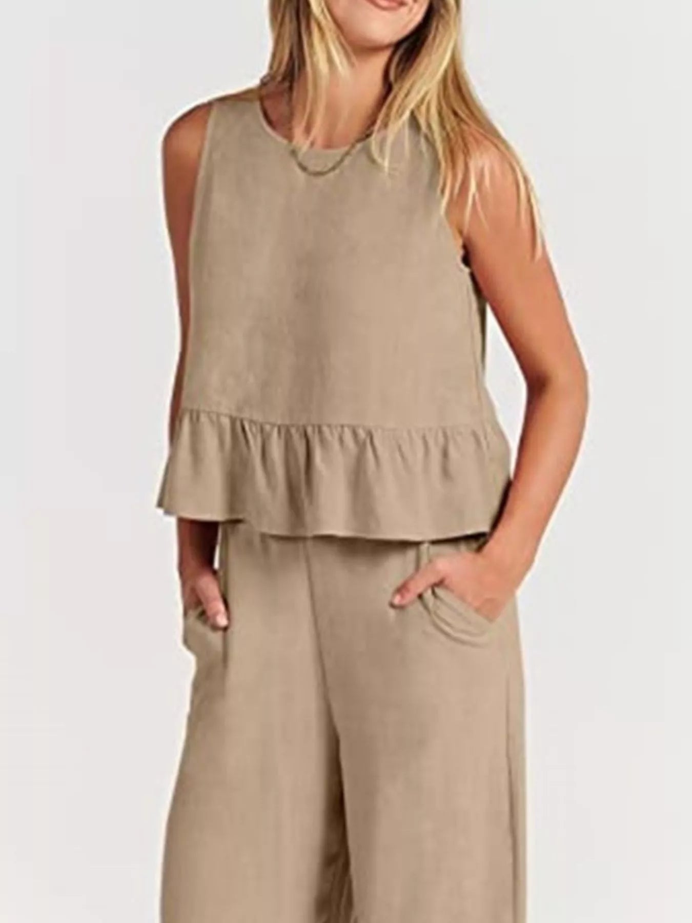 Full Size Ruffled Hem Sleeveless Top and Wide-Leg Pants Set Plus Size