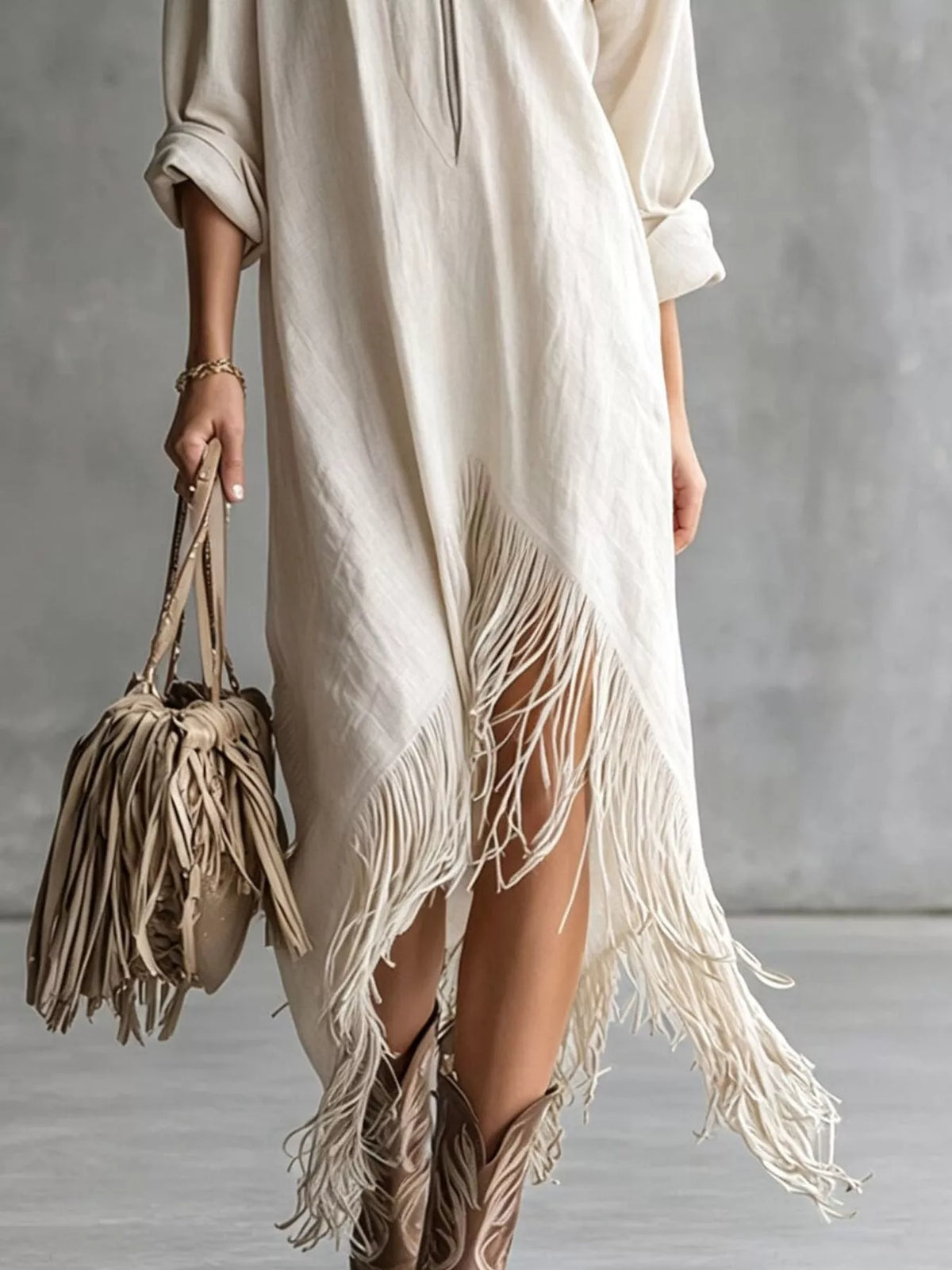 Zipper-Front Fringe Hem Midi Dress
