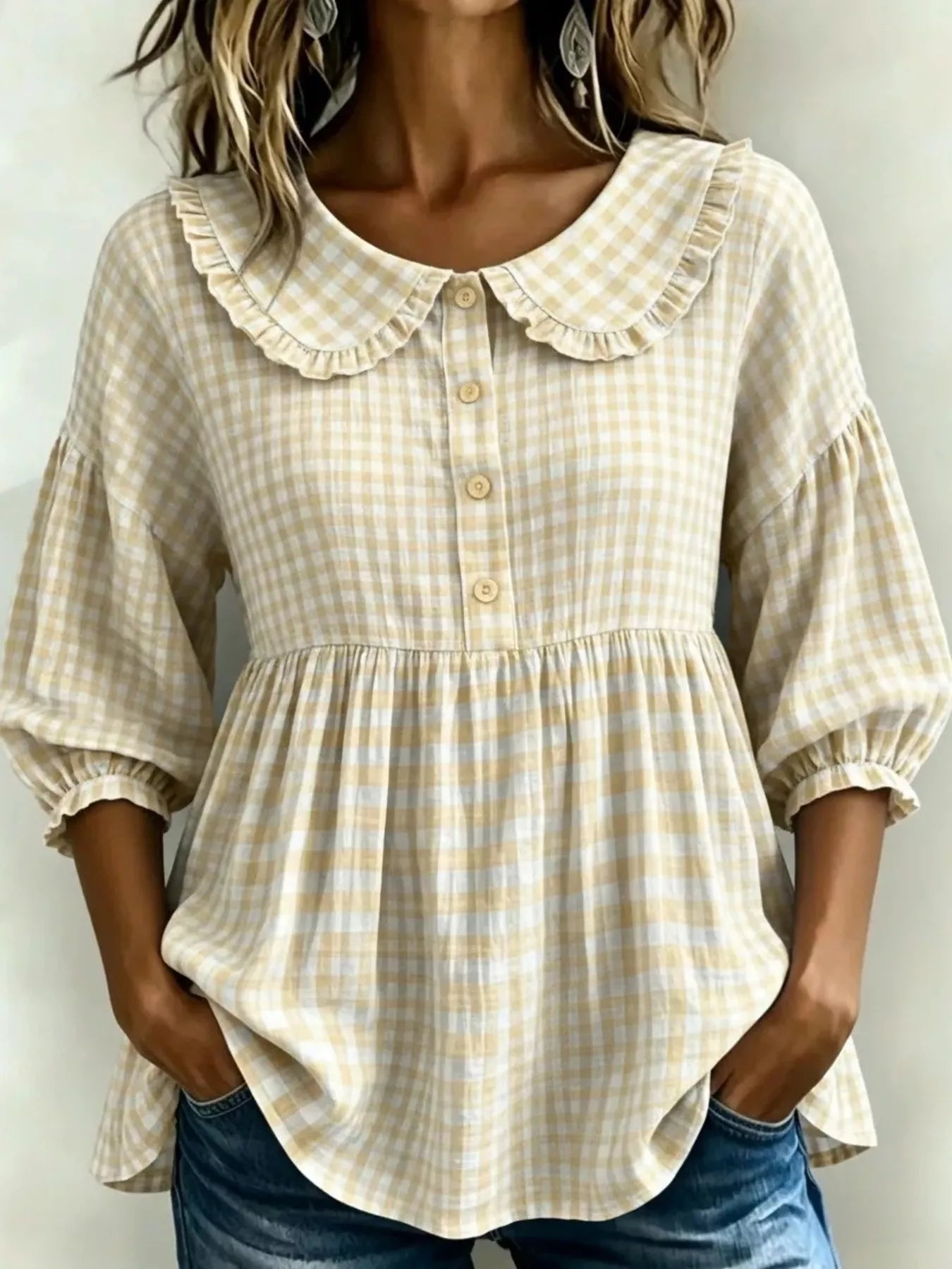 Full Size Gingham Peter Pan Collar Blouse Plus Size