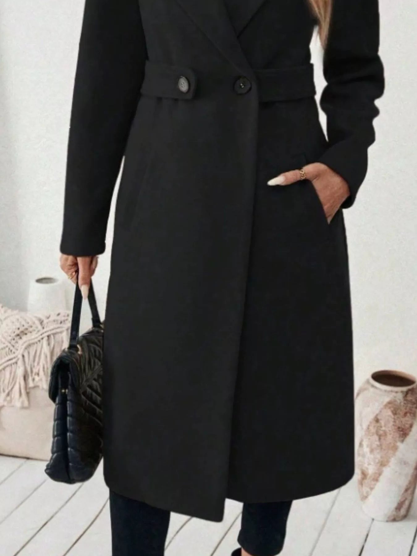 Full Size Elegant Lapel Collar Belted Coat with Pockets Plus Size