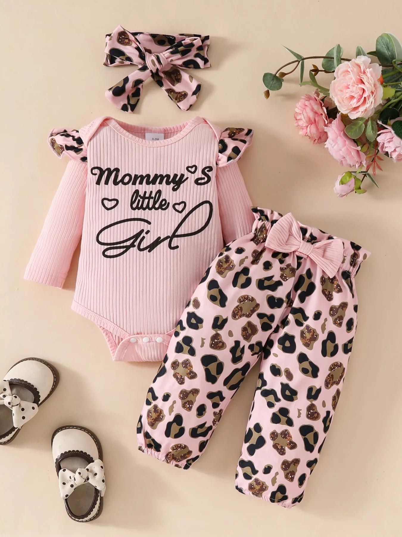 Children's Leopard Ruffled Bodysuit and Pants Set with Headband