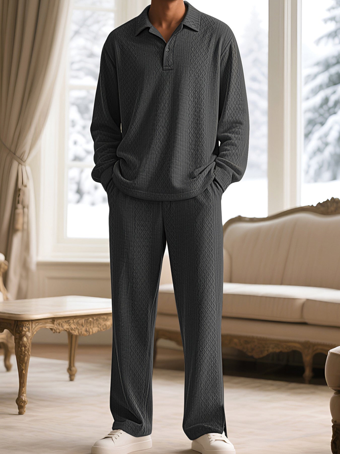 Men's Full Size Textured Long Sleeve Top and Pants Set Plus Size