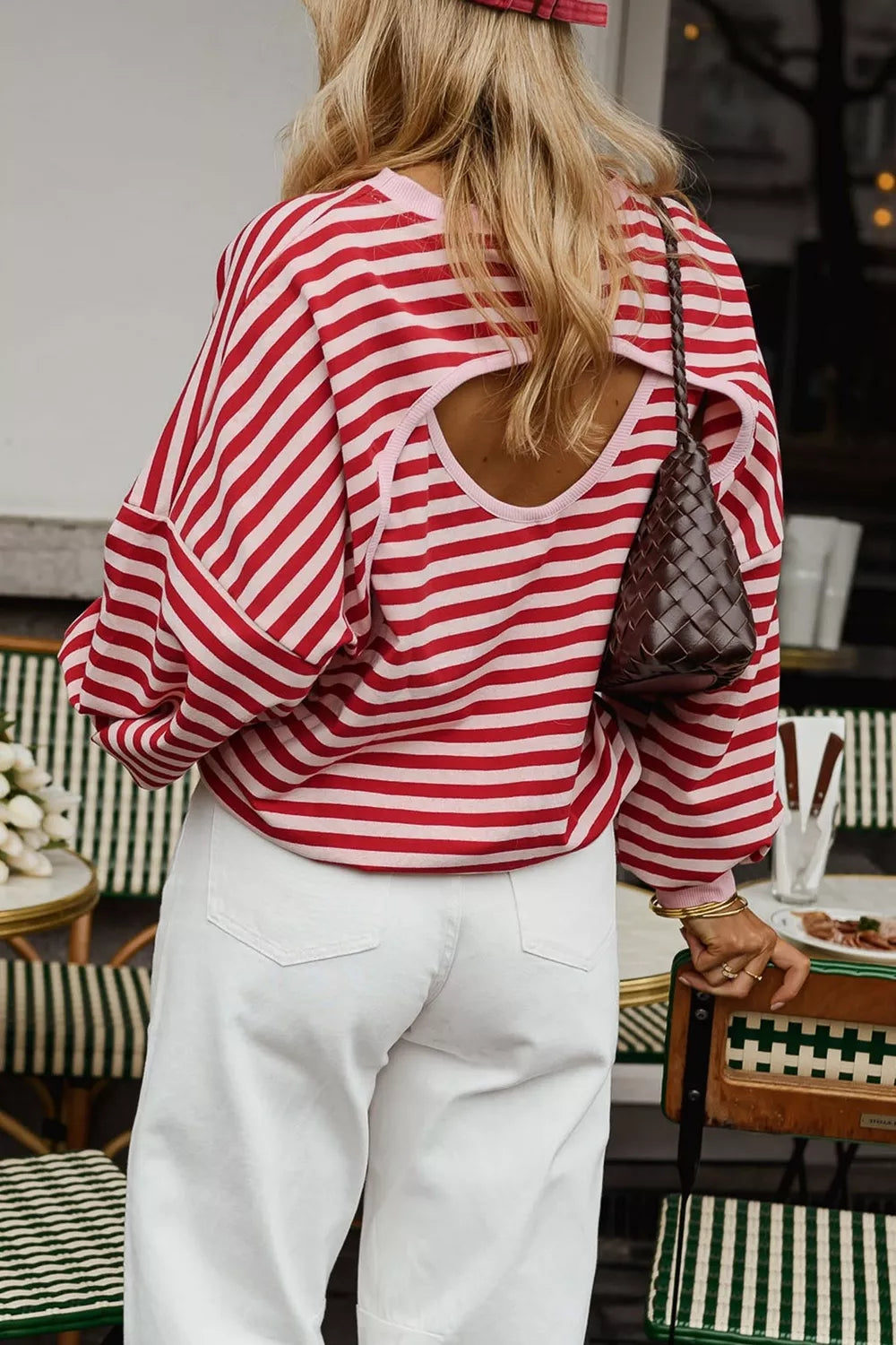 Cutout Back Striped Round Neck Sweatshirt