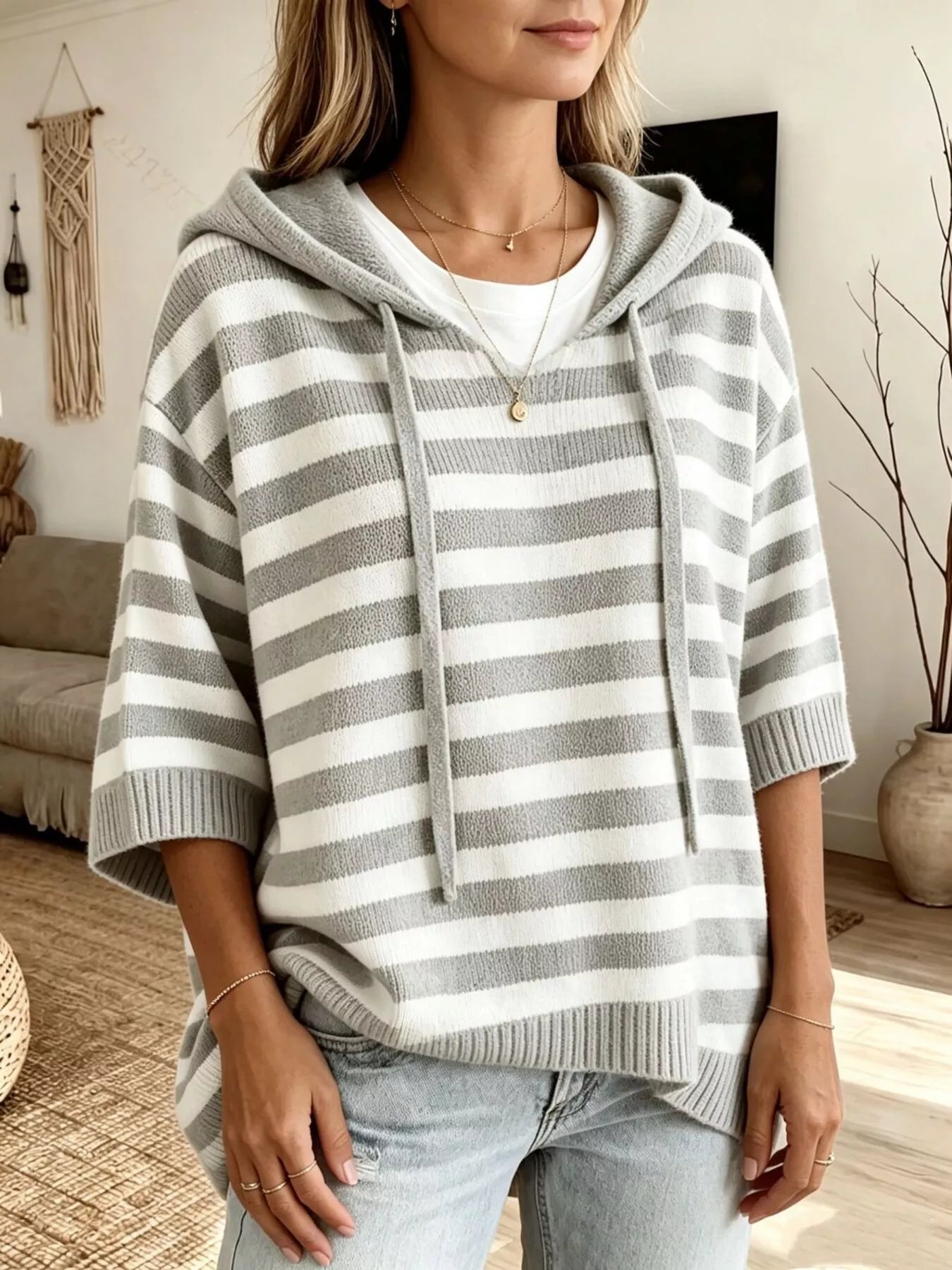 Full Size Drawstring Striped Hooded Sweater Plus Size