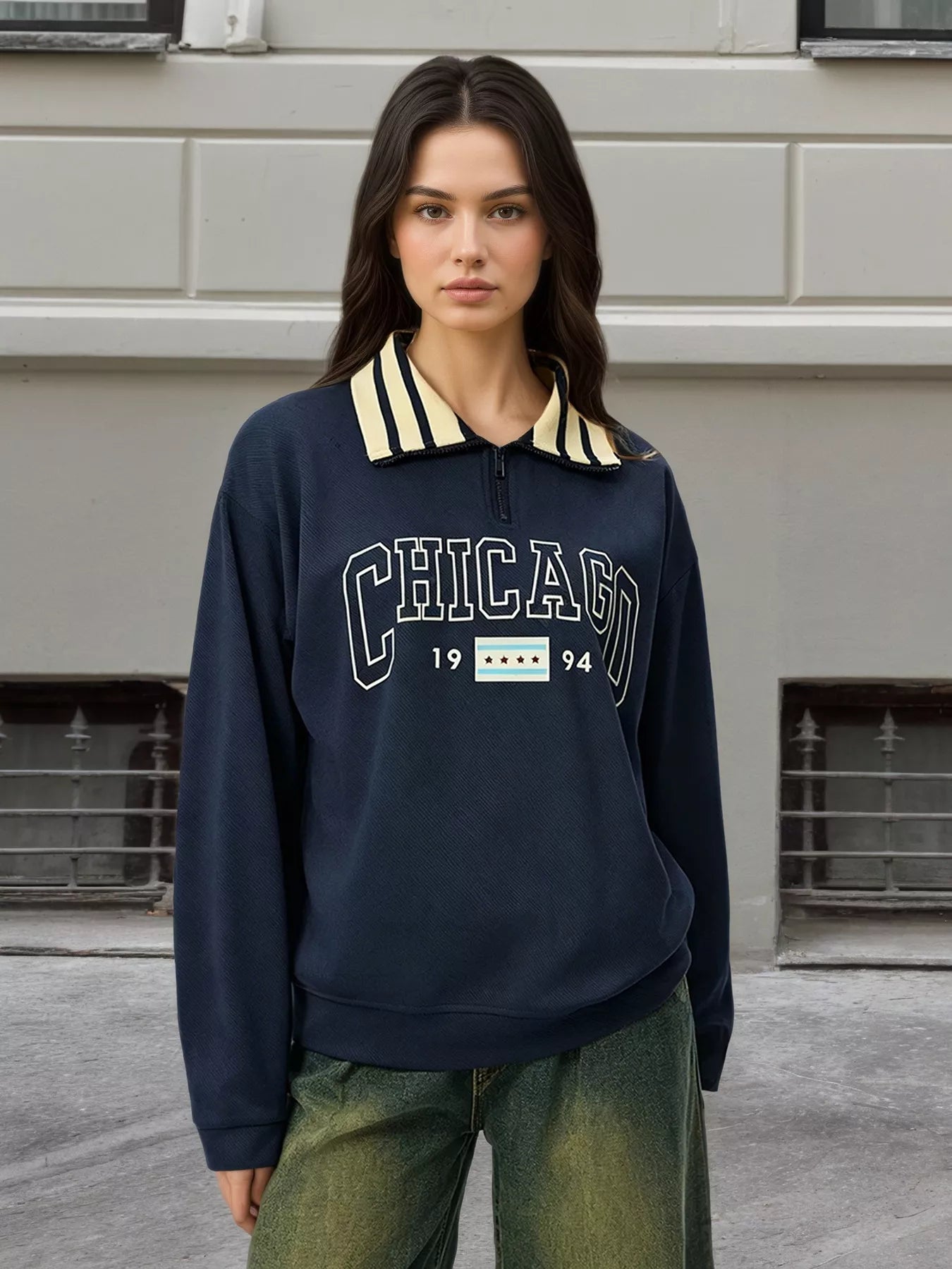 Graphic Sweatshirt with Striped Collar