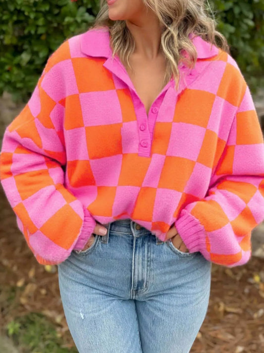 Checkerboard Pattern Half Button Sweater