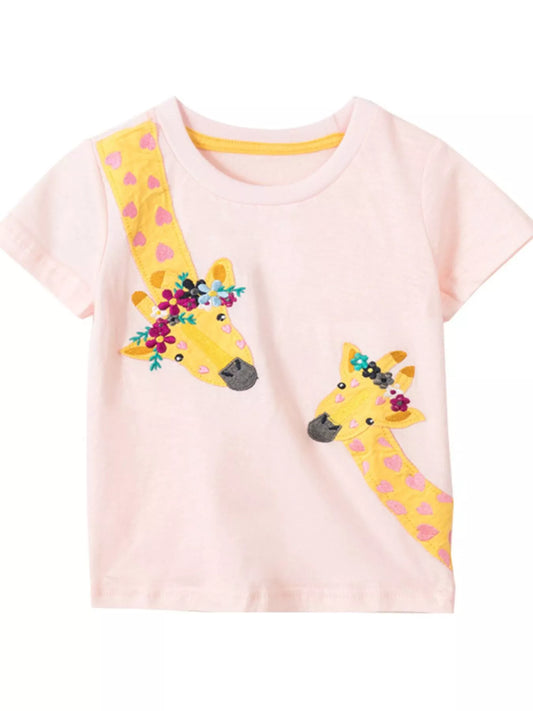 Children's Giraffe Embroidered T-Shirt with Floral Accents