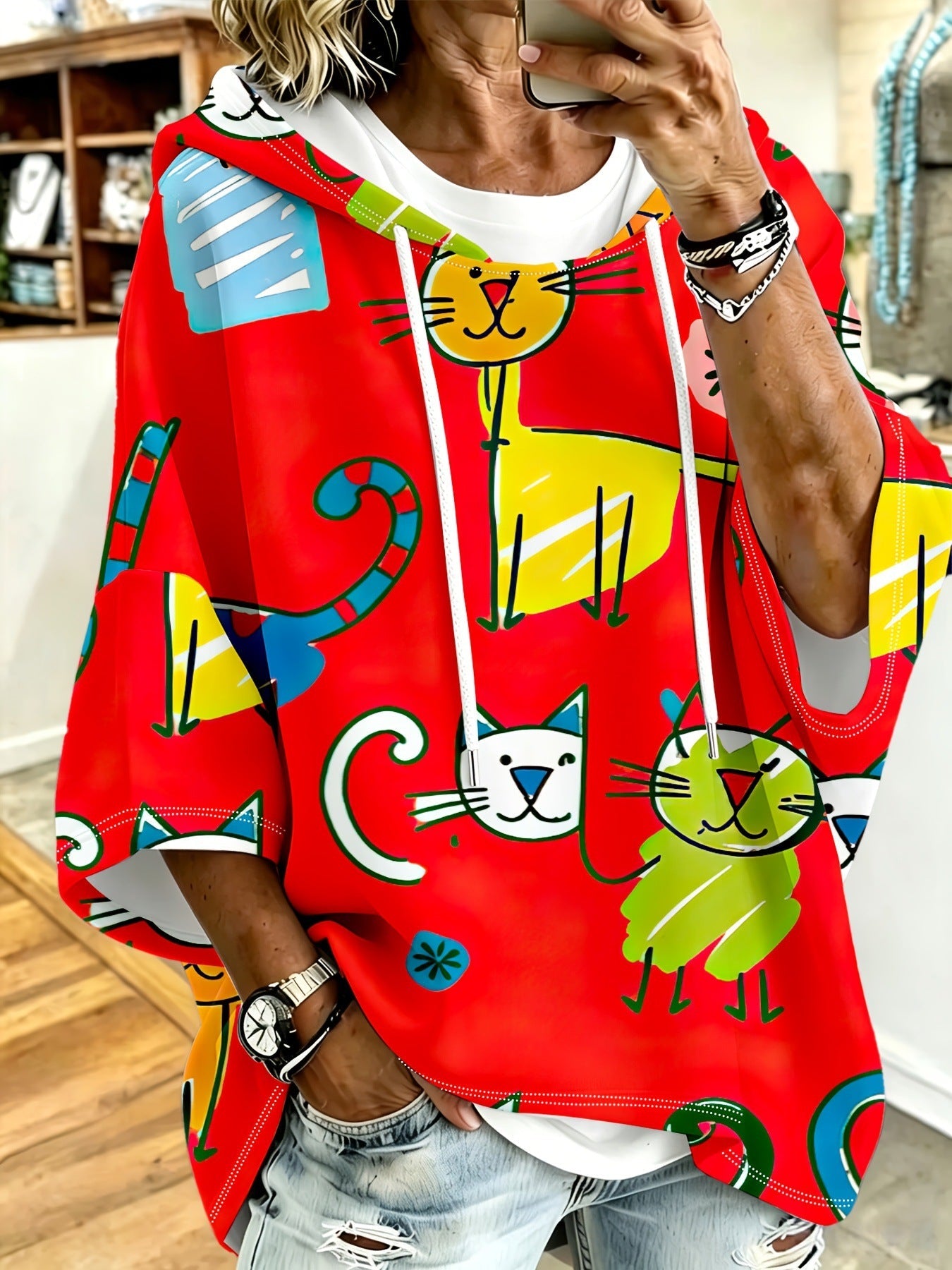 Cartoon Cat Print Hoodie with 3/4 Sleeves & Drawstring