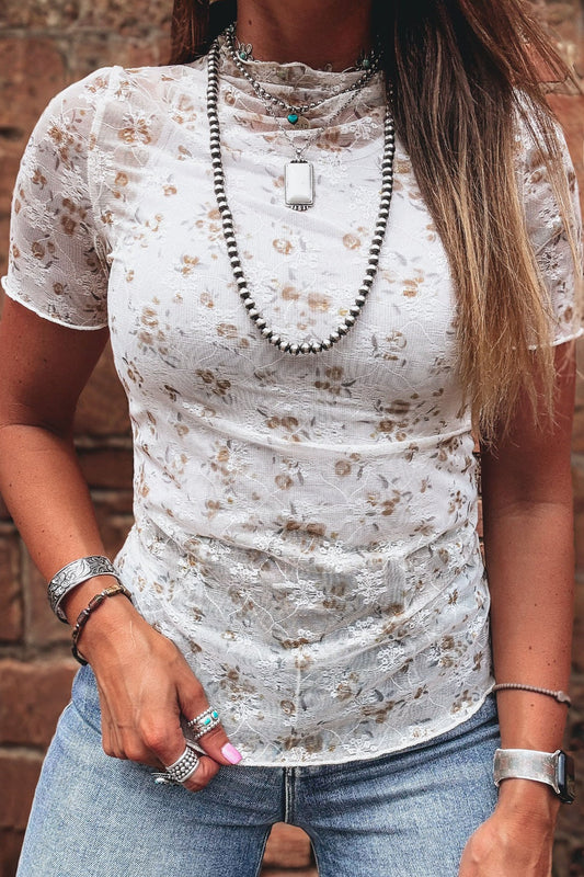 Floral Lace Mock Neck Fitted T-Shirt