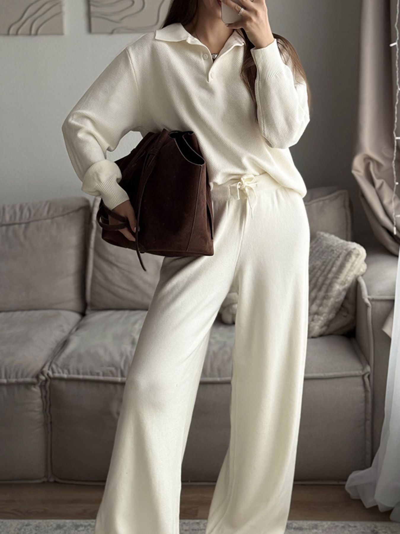 Polo Collar Top and Pants or Skirt Knit Set
