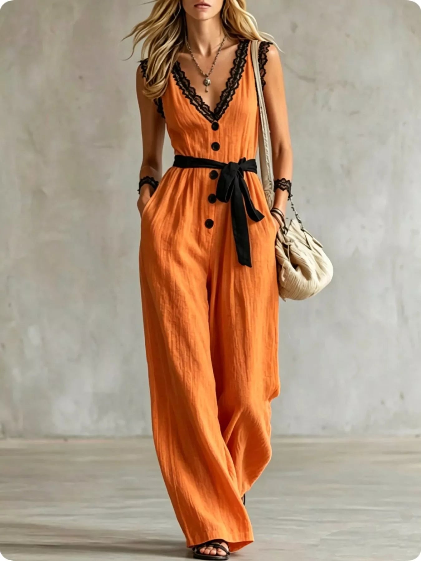 Lace Detail V-Neck Sleeveless Jumpsuit