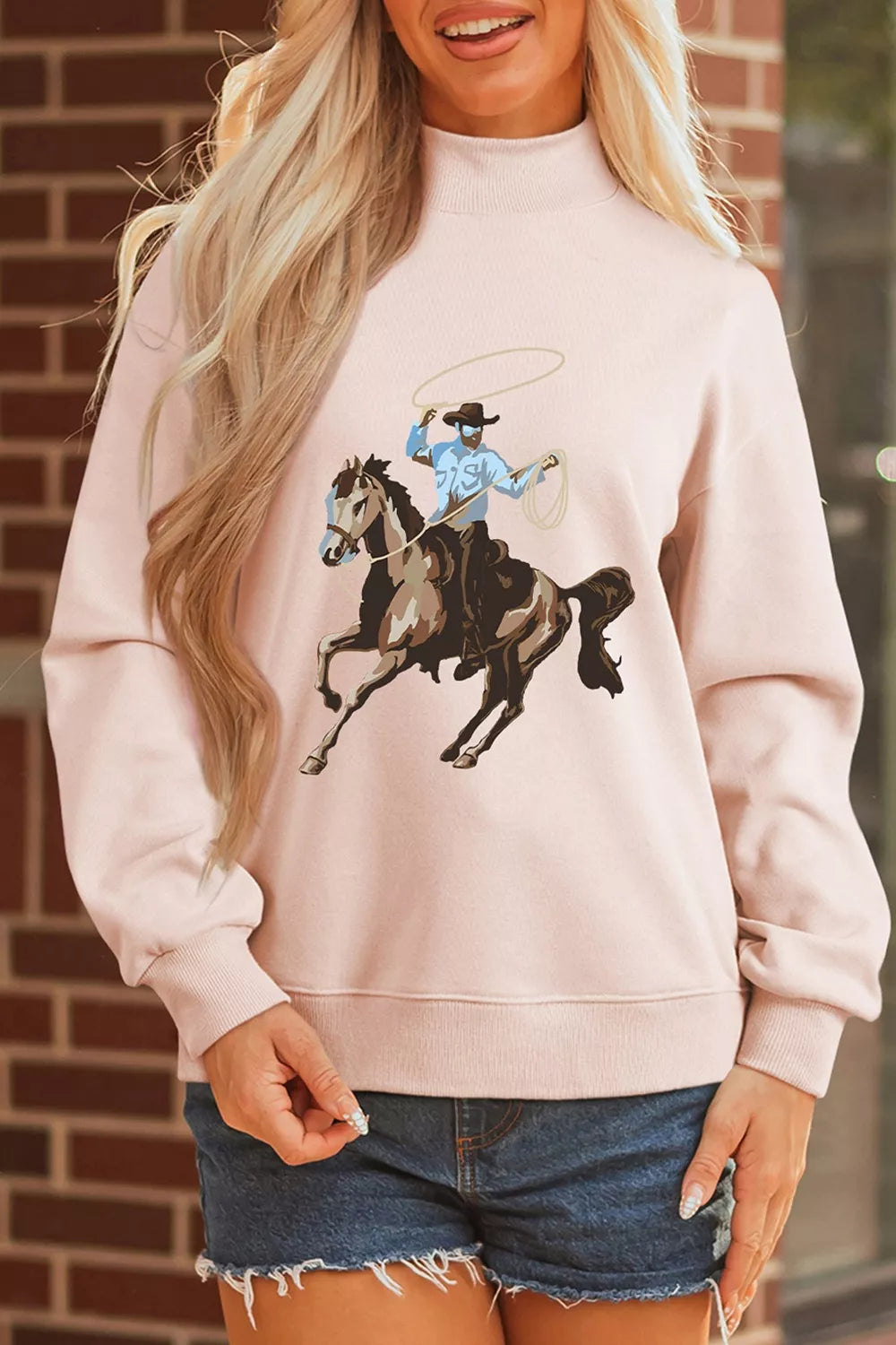 Western Cowboy Rodeo Print Mock Neck Sweatshirt