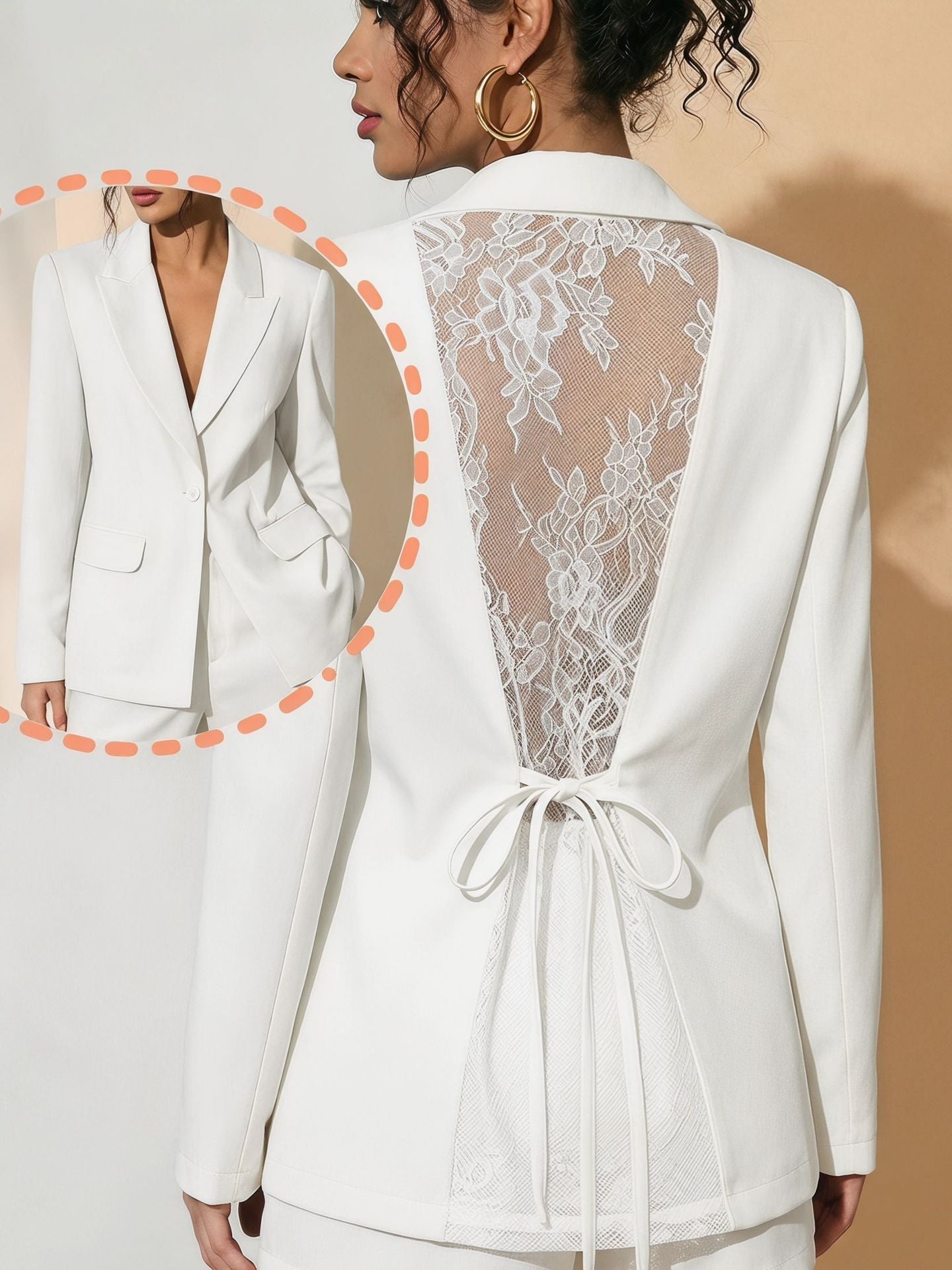 Lace Open Back Blazer | Notched Lapel Waist-Tie Suit Jacket